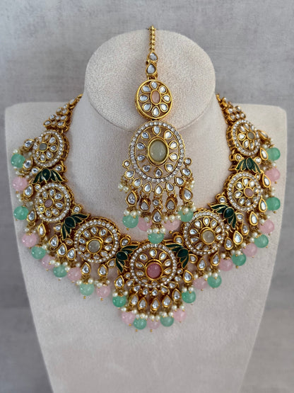 Ayura Designs Zara Set with Necklace, Earrings, Tikka & Passa – Antique Gold with Kundan Detailing & Mint Green & Blush Pink Beads