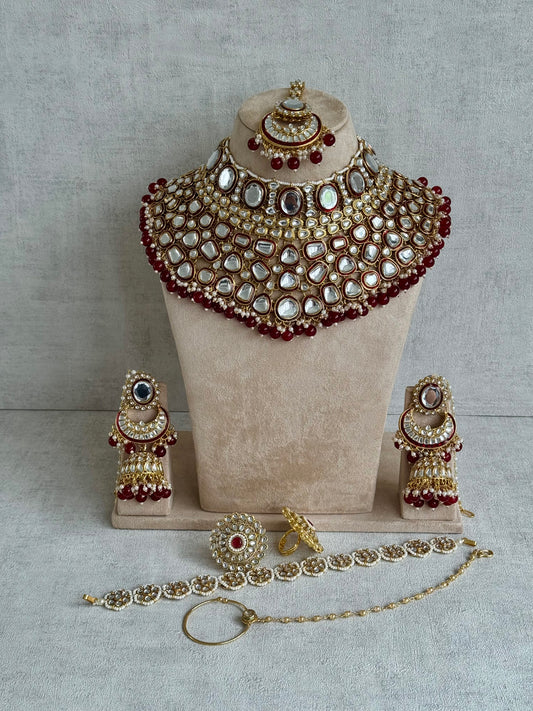 Ayura Designs Gulbadan Bridal Set with Necklace, Jhumkis, Tikka, Nath, Ring & Sheeshphool – Jadau Kundan Craftsmanship with Mirror-Cut Polki, Ruby Red Stones & Antique Gold Finish