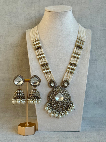 Ayura Designs Brielle Set – Necklace & Jhumkis with Mirror-Cut Stones & Ivory Pearls