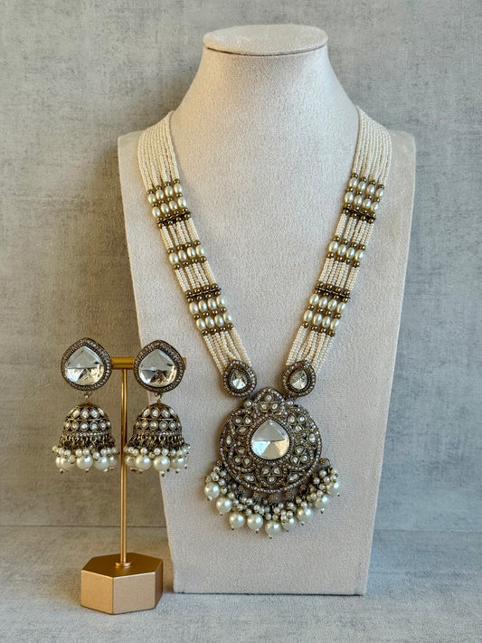 Ayura Designs Brielle Set – Necklace & Jhumkis with Mirror-Cut Stones & Ivory Pearls