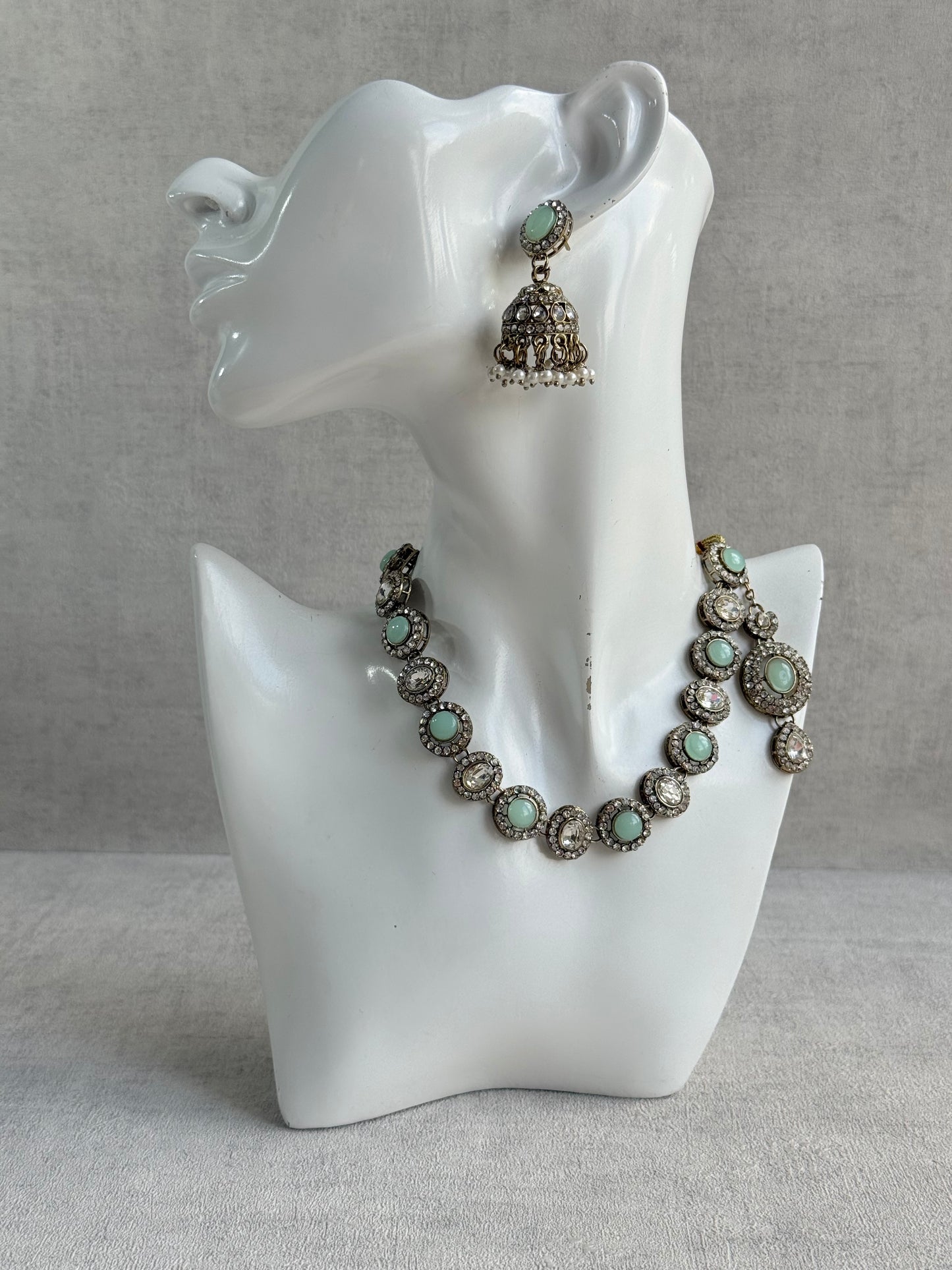 Ayura Designs Eira Necklace Set with Earrings & Tikka – Mint Green & Crystal Stones with Antique Gold Finish