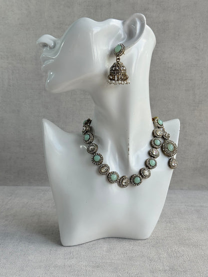 Ayura Designs Eira Necklace Set with Earrings & Tikka – Mint Green & Crystal Stones with Antique Gold Finish