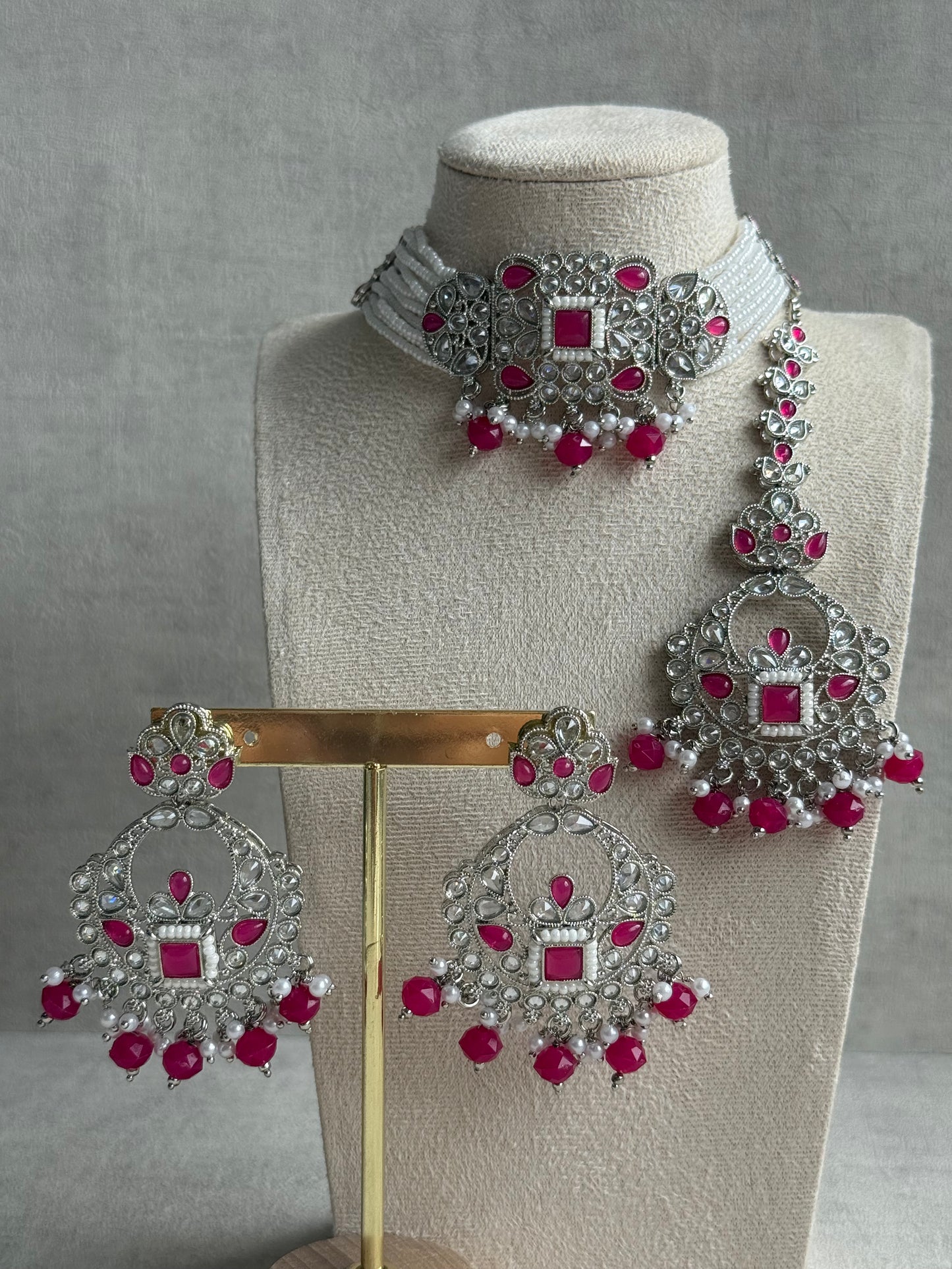 Ayura Designs Geet Set – Choker, Earrings & Tikka with Fuchsia Stones, Pearls & Silver Finish