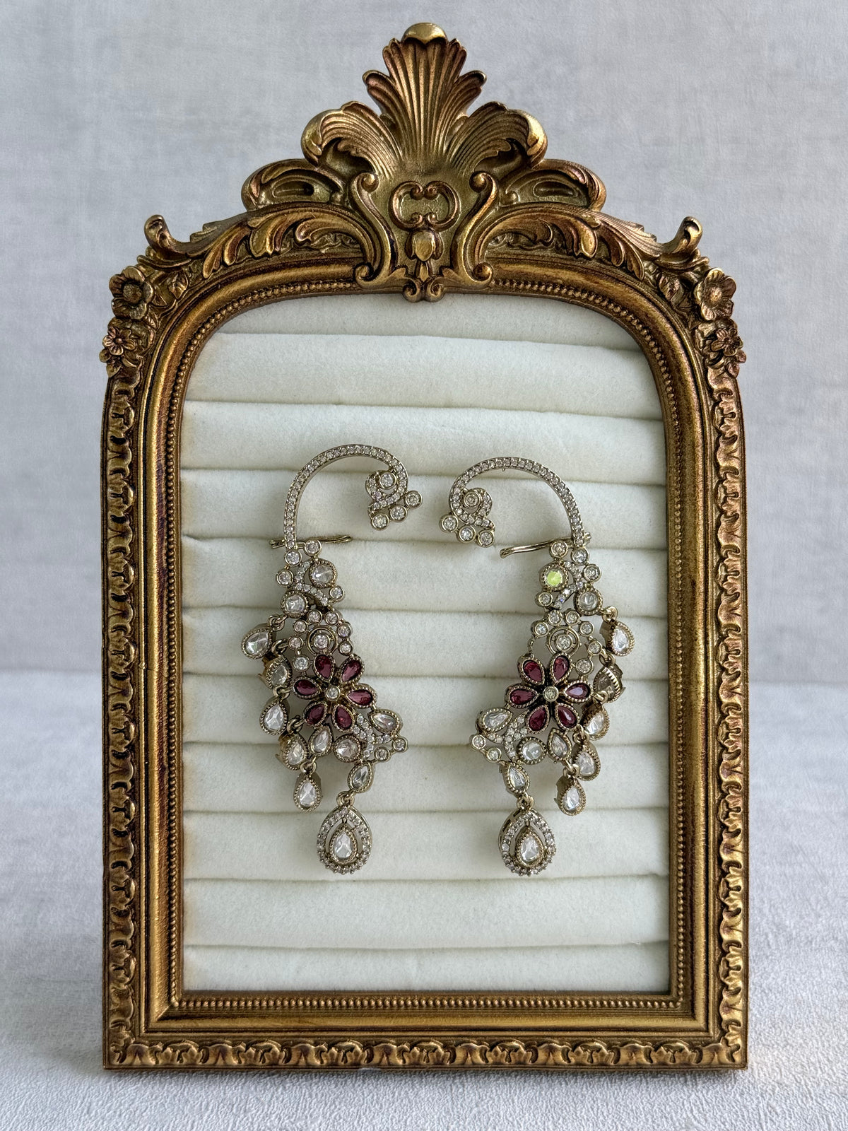 Ayura Designs Aksara Kaanphool Earrings – Rani Pink Stones, Kundan, Crystals & Antique Gold Finish