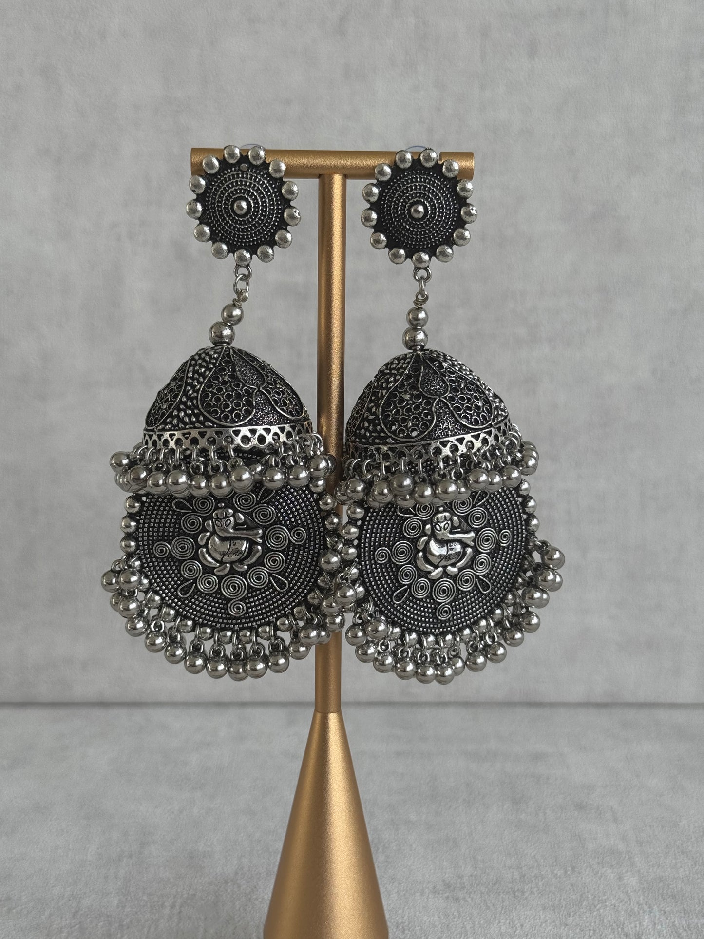 Ayura Designs Kashish Earrings – Oxidised Silver with Lord Ganesh Motif, Dome Jhumkas & Matching Sahare