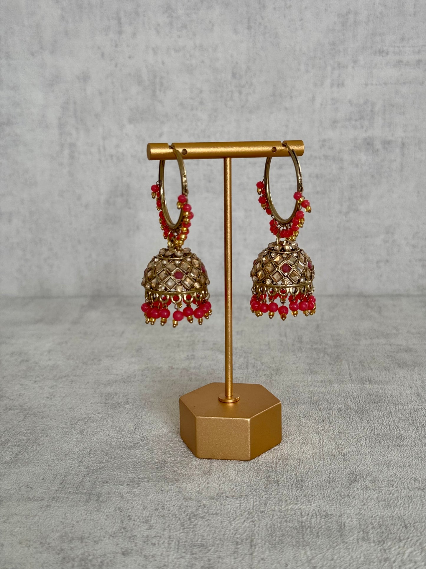 Ayura Designs Jugni Bali Jhumkas – Antique Gold with Coral Peach Beads