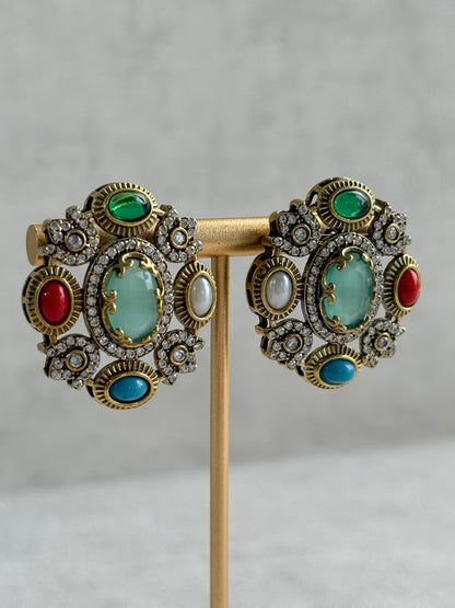 Ayura Designs Celia Stud Earrings – Sea Green & Multicolour Stones with Gold Finish