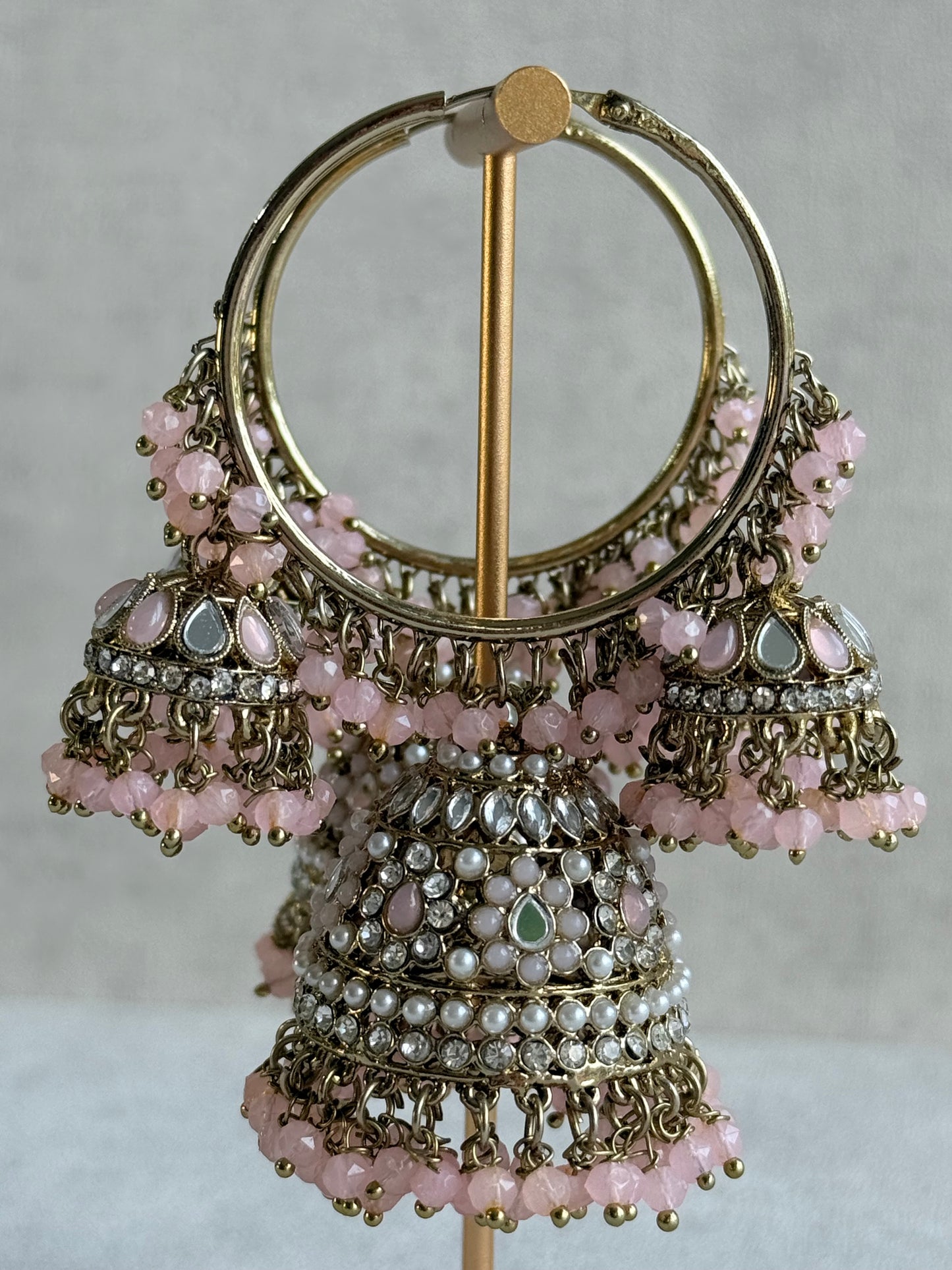 Ayura Designs Jindri Balis – Blush Pink & Antique Gold Triple Jhumki Earrings with Mirror-Cut Stones & Pearl Detailing
