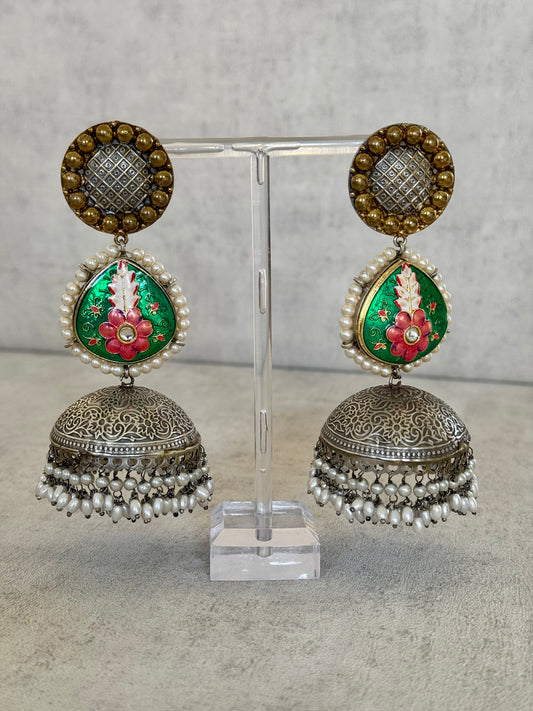 Ayura Designs Mirha Earrings – Handcrafted Meenakari & Pearl Jhumkas with Intricate Silver Filigree Detailing