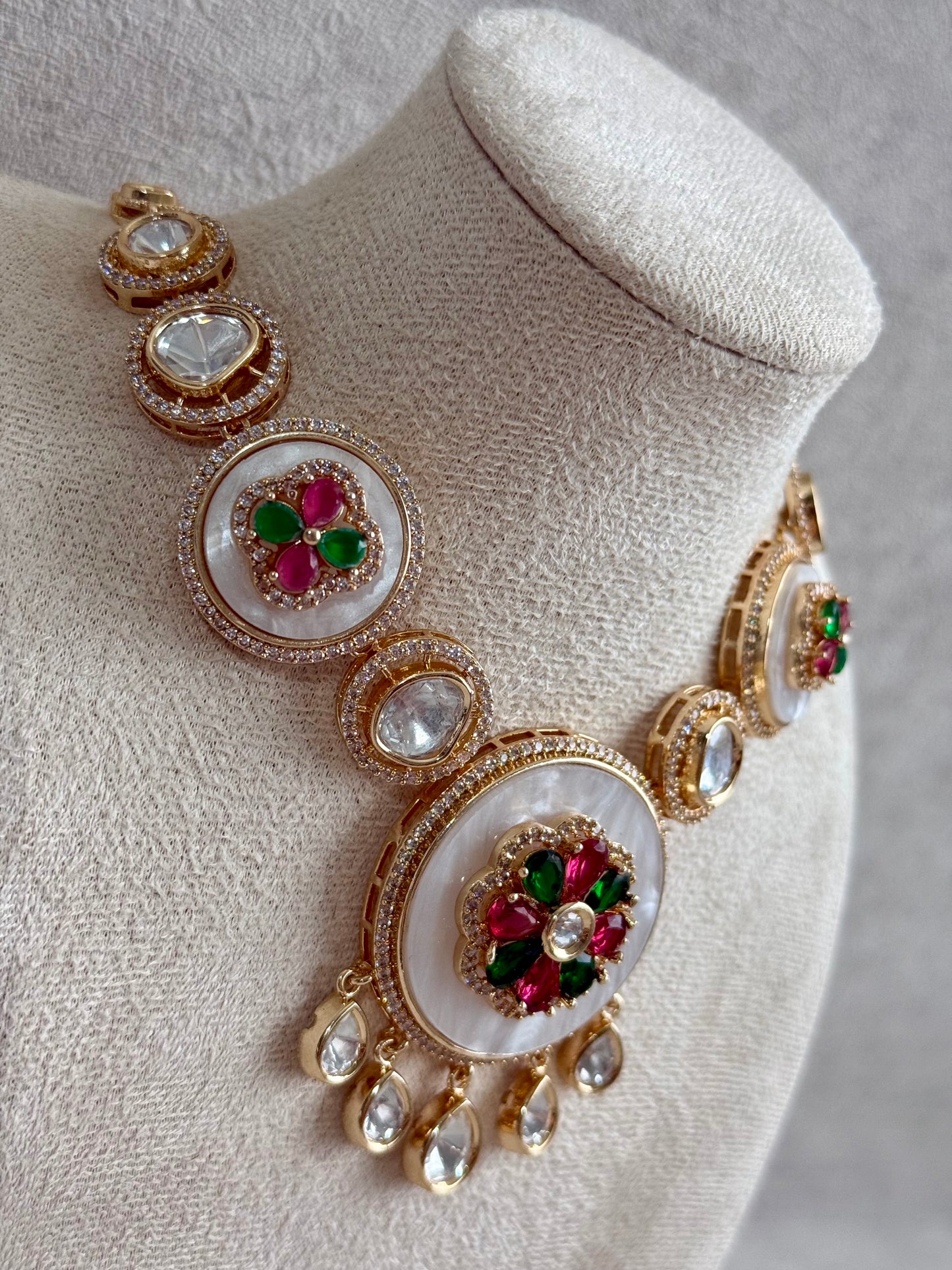 Ayura Designs Wisah Set – Necklace & Earrings with Mirror-Cut Stones, Fuchsia, Emerald & Mother-of-Pearl Detailing