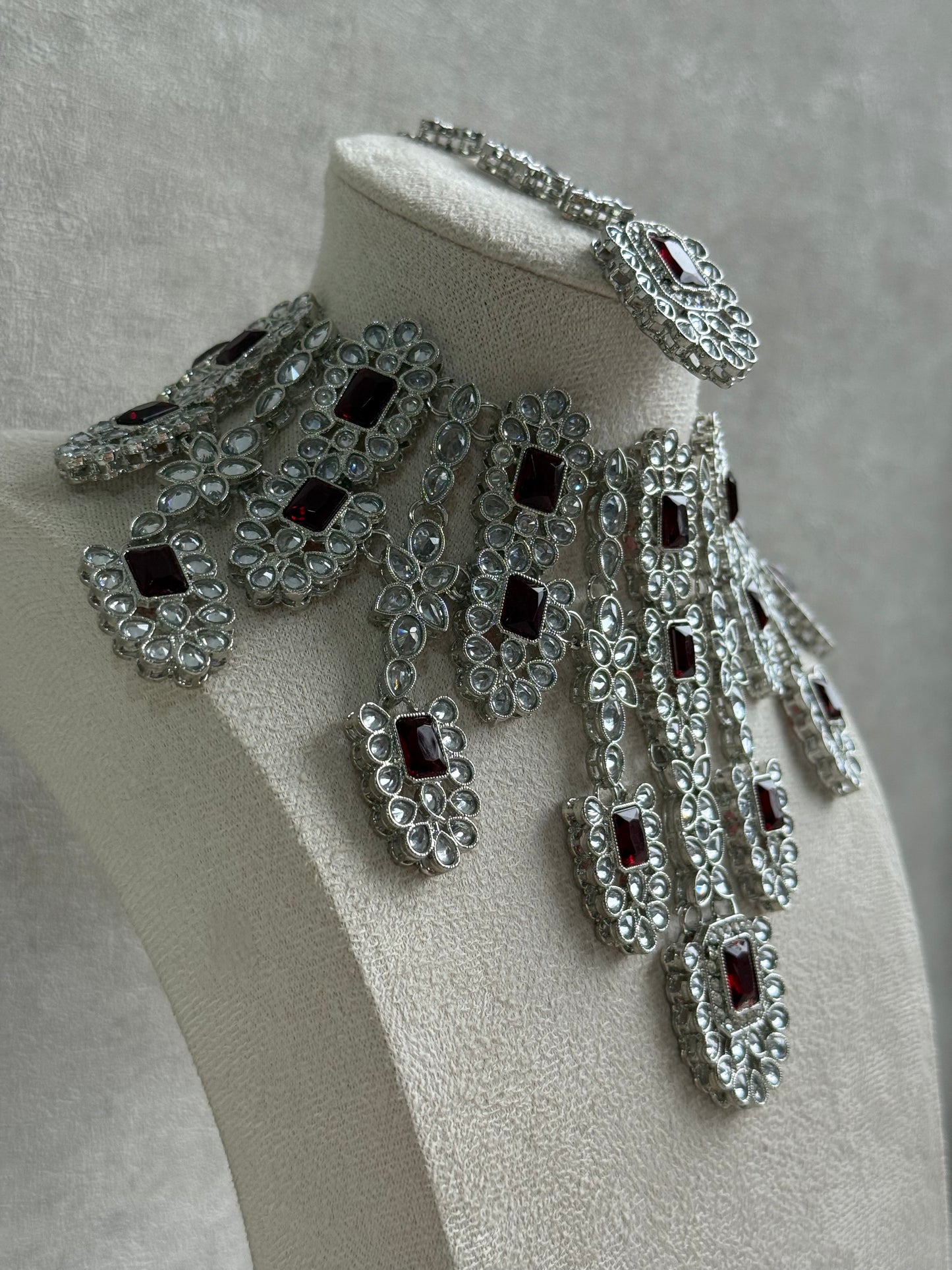 Ayura Designs Zinnia Set – Necklace, Earrings & Tikka with Ruby Red Stones and Mirror-Cut Polki in Silver Finish