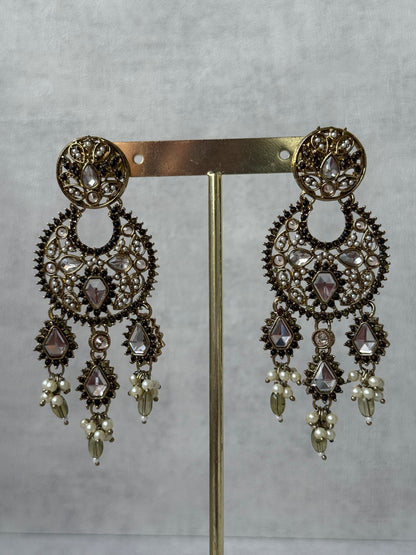 Ayura Designs Nimra Set with Earrings & Tikka – Mirror-Cut Polki, Olive Green Beads & Antique Gold Finish