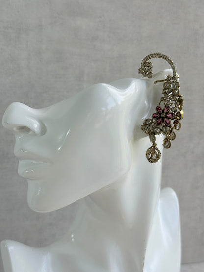 Ayura Designs Aksara Kaanphool Earrings – Rani Pink Stones, Kundan, Crystals & Antique Gold Finish