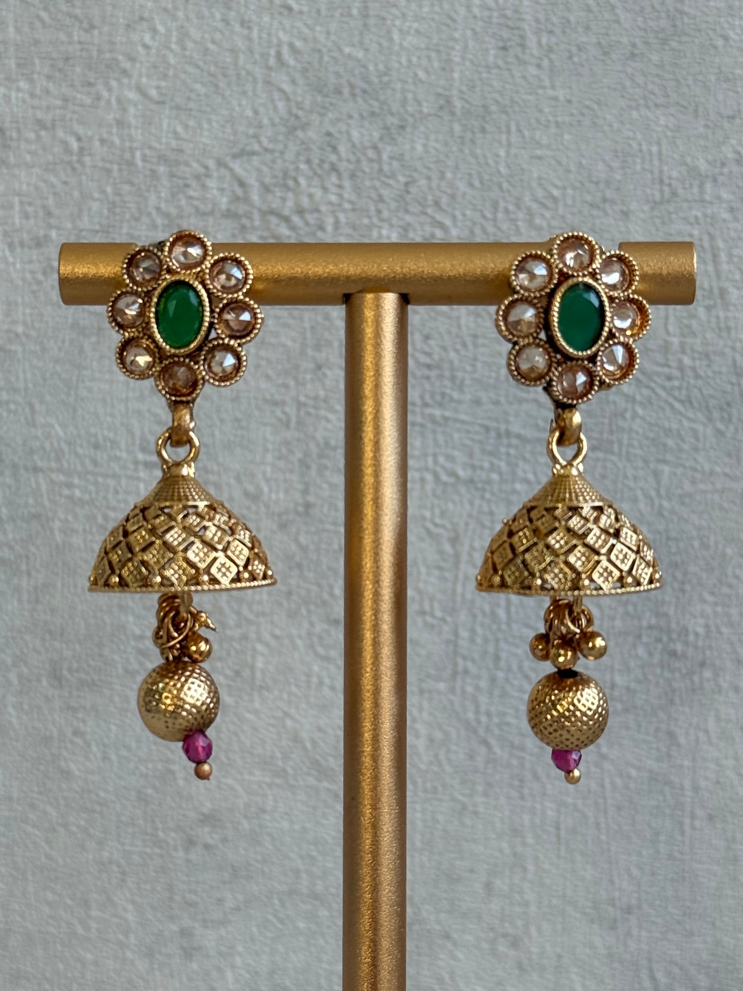 Ayura Designs Kavish Choker Set – Antique Gold Choker with Jhumkis in Rani Pink & Emerald Green with Pearl Detailing