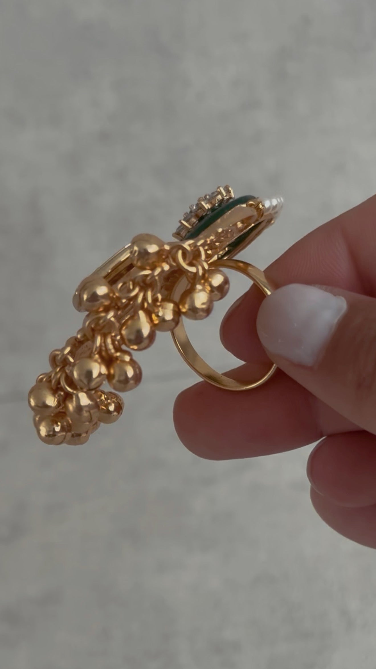 Ayura Designs Sorcha Adjustable Ring – Emerald Green Enamel, Pearl Detailing, Antique Gold & Mirror-Cut Stones