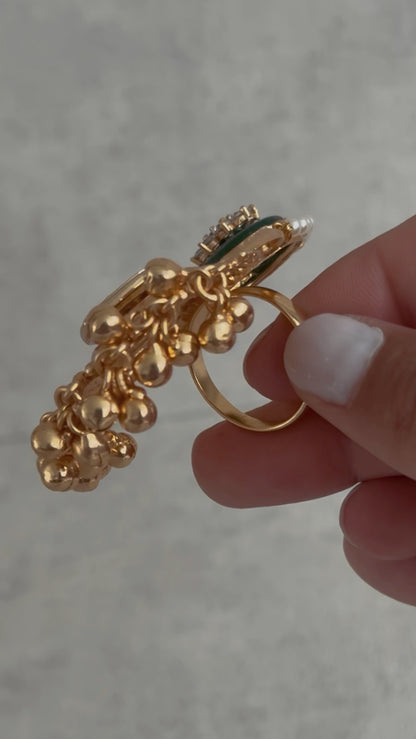 Ayura Designs Sorcha Adjustable Ring – Emerald Green Enamel, Pearl Detailing, Antique Gold & Mirror-Cut Stones