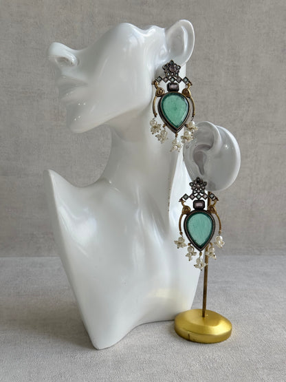 Ayura Designs Kafila Earrings – Dual Tone Oxidised Earrings with Peacock Motifs, Mint Green & Blush Pink Stones