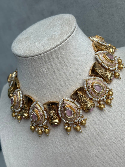 Ayura Designs Aaira Set with Necklace & Studs – Blush Pink Meenakari with Rose Pink Centre & Pearl Detailing