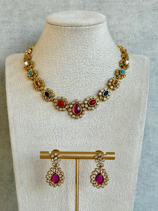Ayura Designs Maanya Set with Earrings – Multicolour Stones with Rani Pink Centre & Crystal Detailing