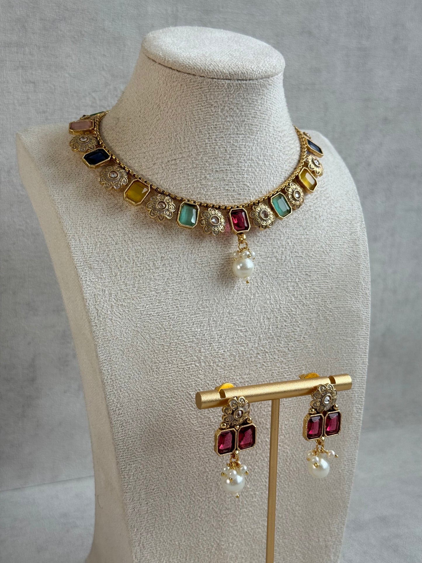 Ayura Designs Padma Necklace Set with Earrings – Multicolour Stones with Pearl Drop Detailing