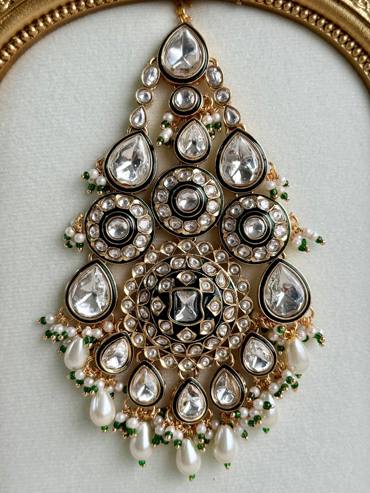 Ayura Designs Suhana Jhoomar Passa – Kundan Jhoomar with Ivory Pearl Drops, Pearl Detailing & Green Bead Accents