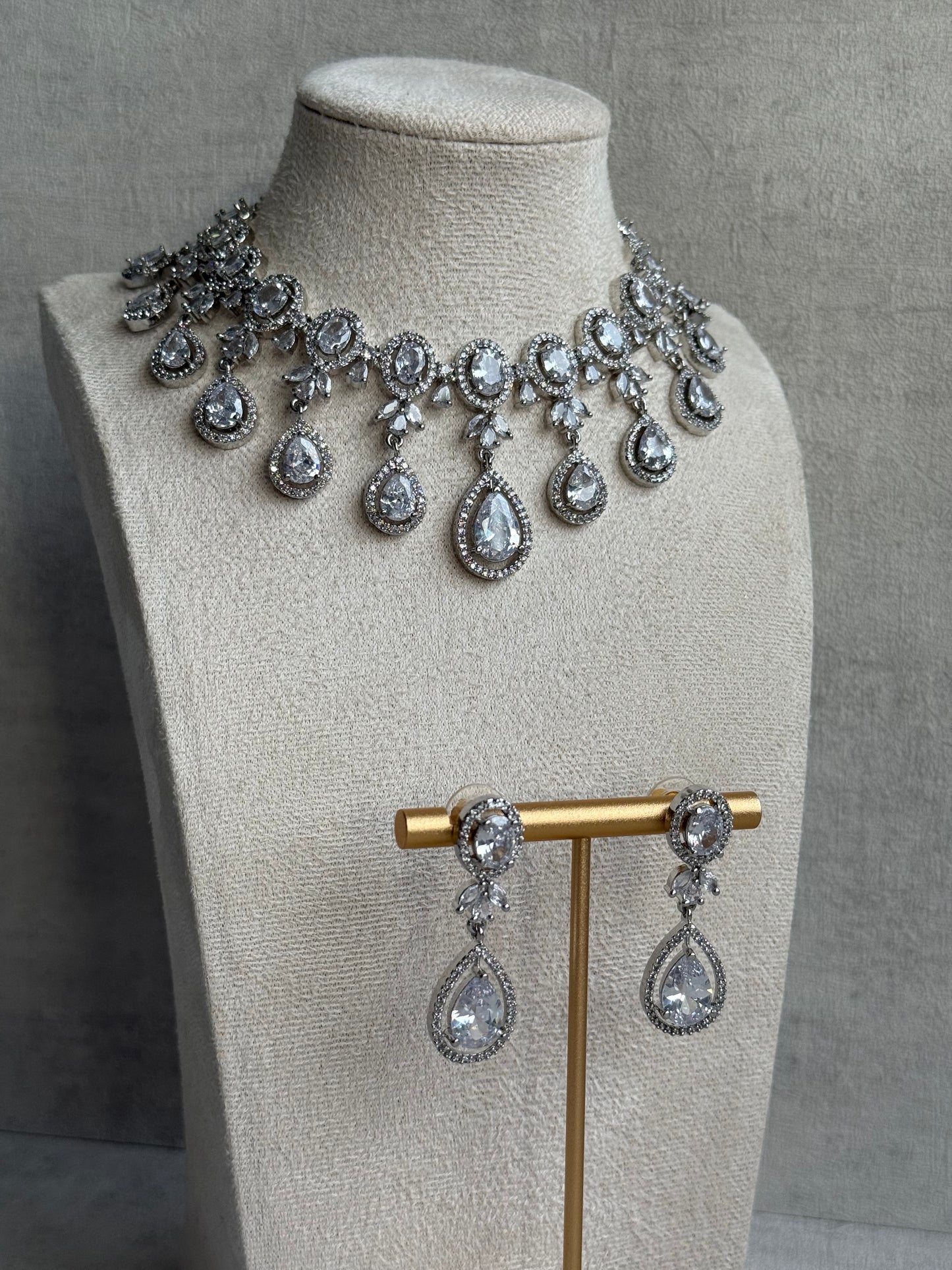 Ayura Designs Grace Set with Necklace & Earrings – Pear-Cut Moissanite Stones, Halo Detailing & Antique Silver Finish