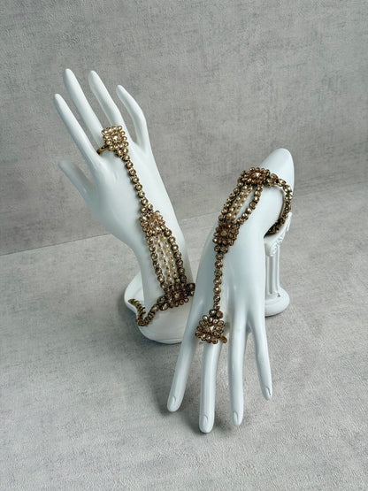 Ayura Designs Rupi Haathphool – Antique Gold with Champagne Stones & Pearl Detailing
