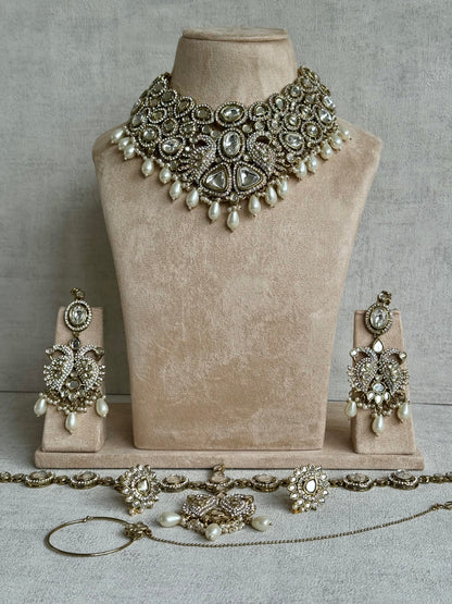 Ayura Designs Tajdar Bridal Set with Necklace, Jhumkis, Tikka, Nath, Ring & Sheeshphool – Jadau Kundan Craftsmanship with Mirror-Cut Polki, Ivory Pearl Drops & Antique Silver-Gold Finish