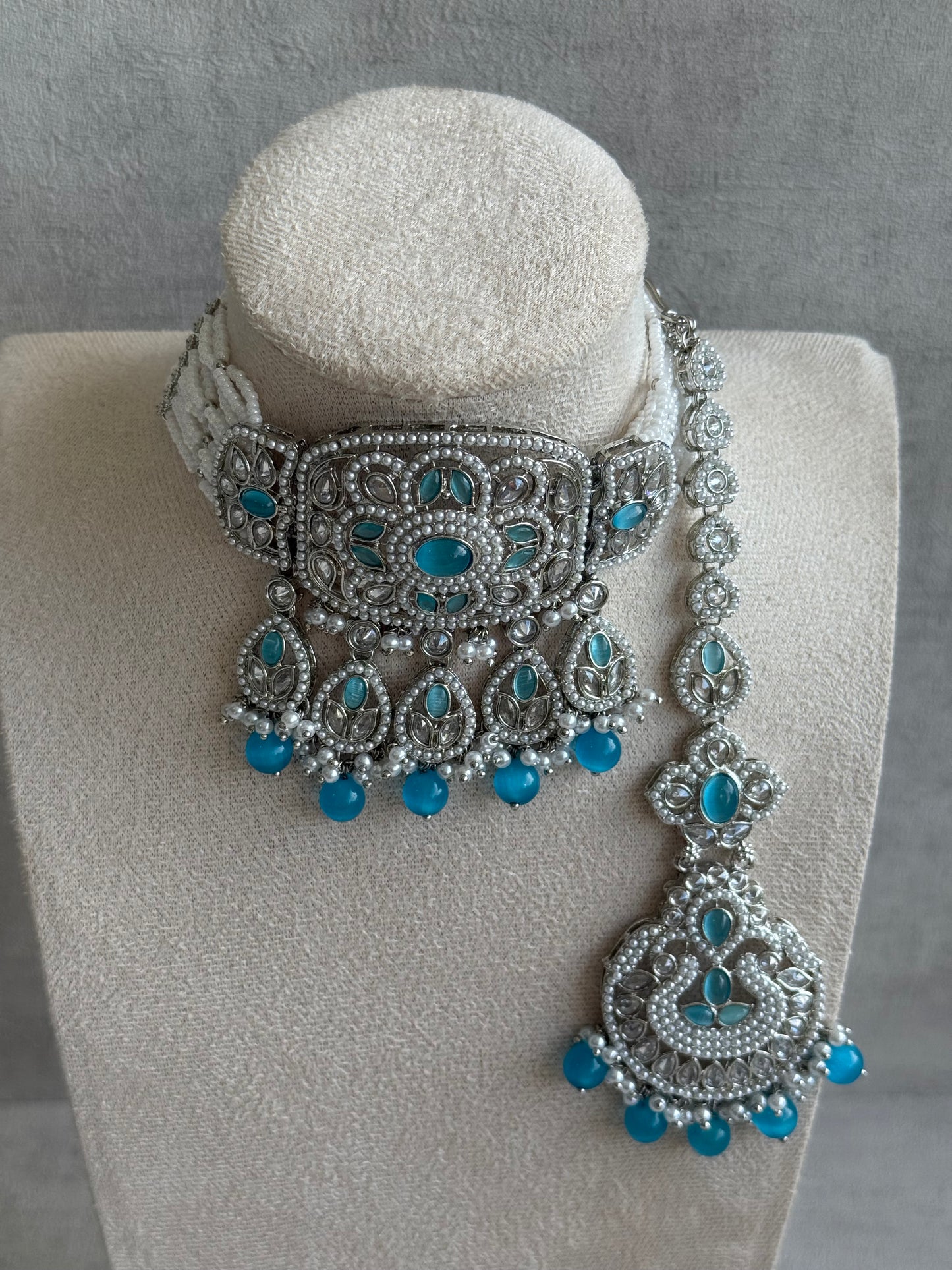 Ayura Designs Zarlish Set – Choker, Earrings & Tikka with Mirror-Cut Stones, Aqua Blue Beads & Silver Finish