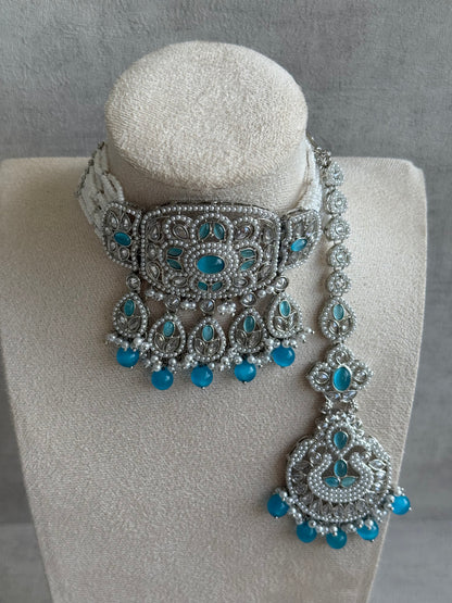 Ayura Designs Zarlish Set – Choker, Earrings & Tikka with Mirror-Cut Stones, Aqua Blue Beads & Silver Finish