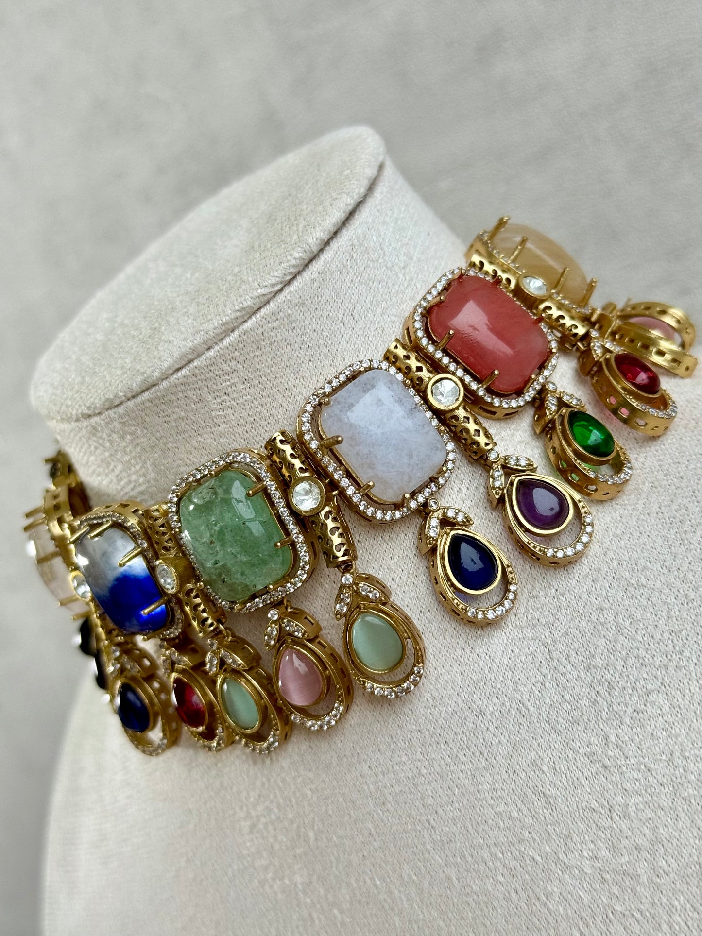 Ayura Designs Adelaide Necklace Set with Earrings – Multicolour Moissanite with Green Stone Drop Earrings