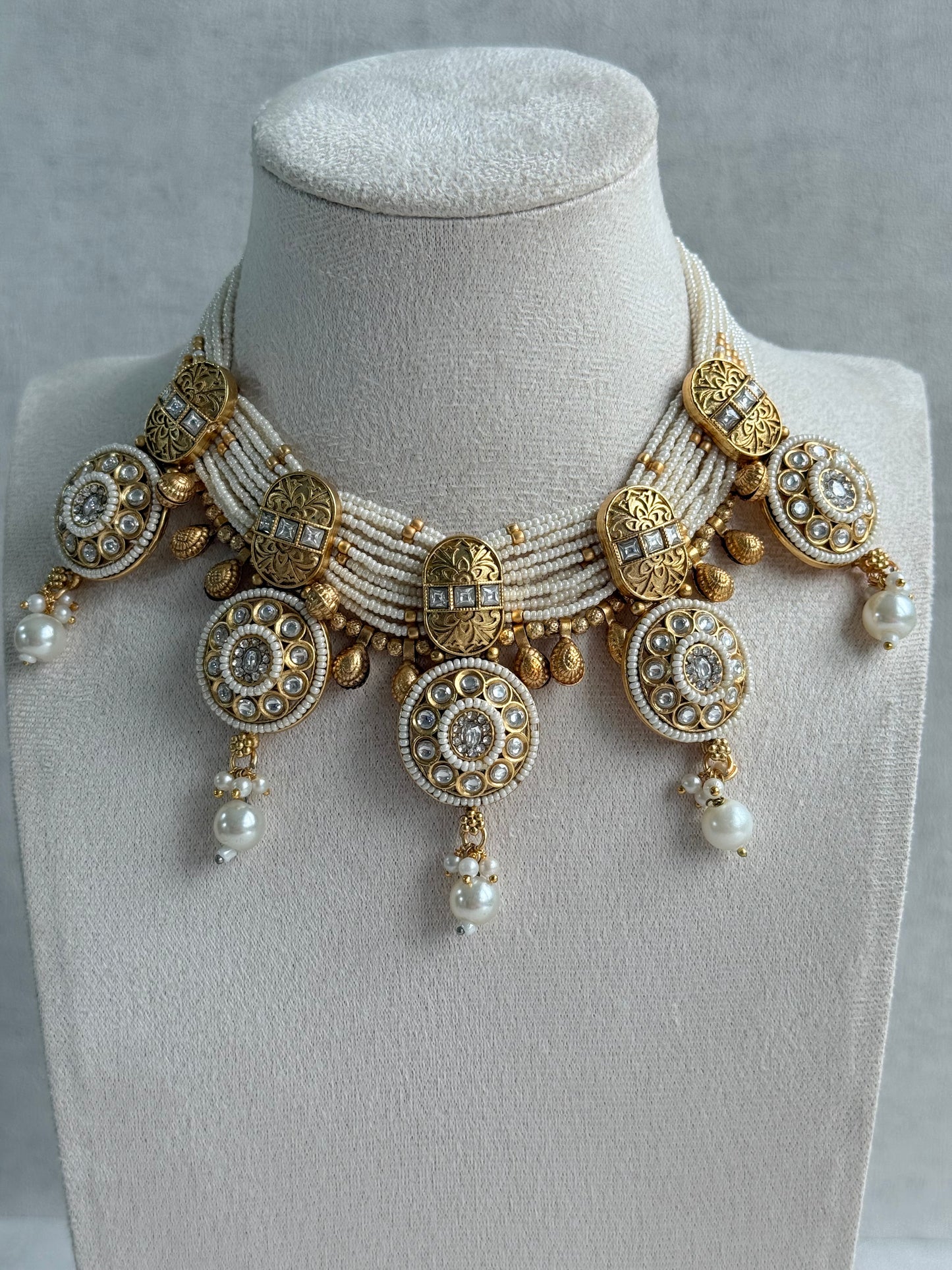 Ayura Designs Kesar Necklace Set with Jhumkis – Multi-Strand Ivory Pearl Design, Kundan Stones & Gold Finish