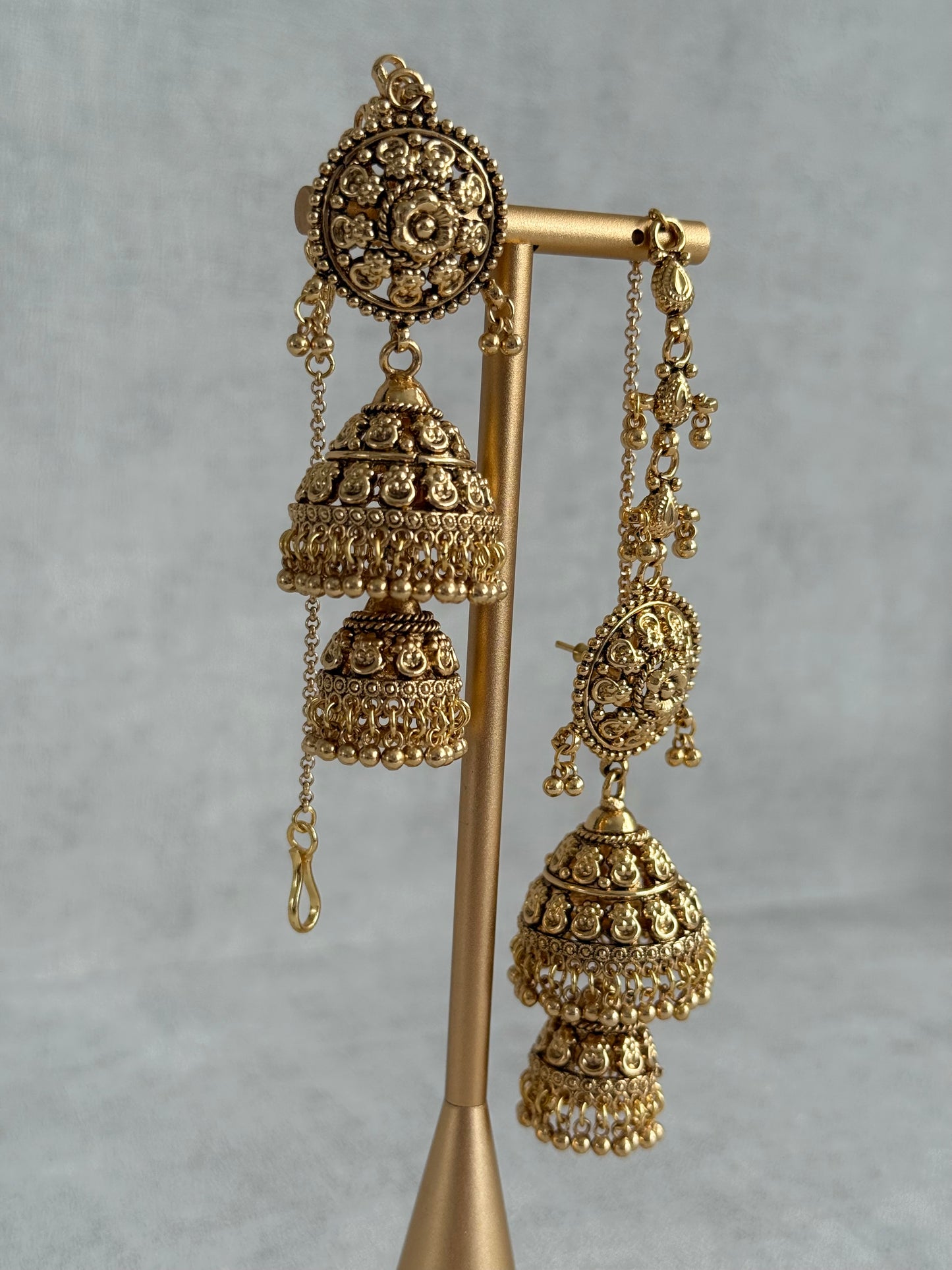 Ayura Designs Chhavi Sahare Jhumkis – Antique Gold Finish with Double Dome Design