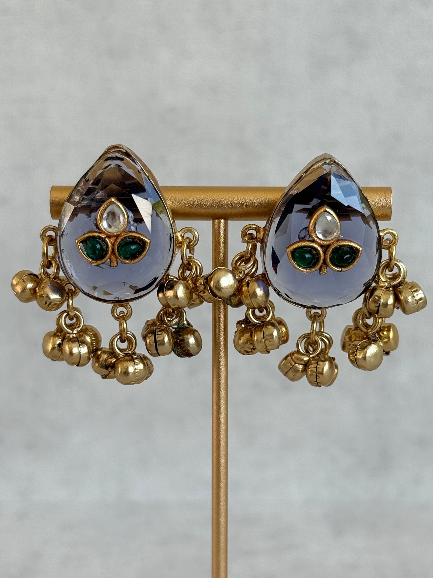 Ayura Designs Aykai Earrings – Smoky Blue Teardrop Stud Earrings with Green Kundan Stones & Gold Ghungroo Drops