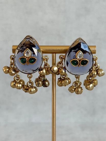 Ayura Designs Aykai Earrings – Smoky Blue Teardrop Stud Earrings with Green Kundan Stones & Gold Ghungroo Drops