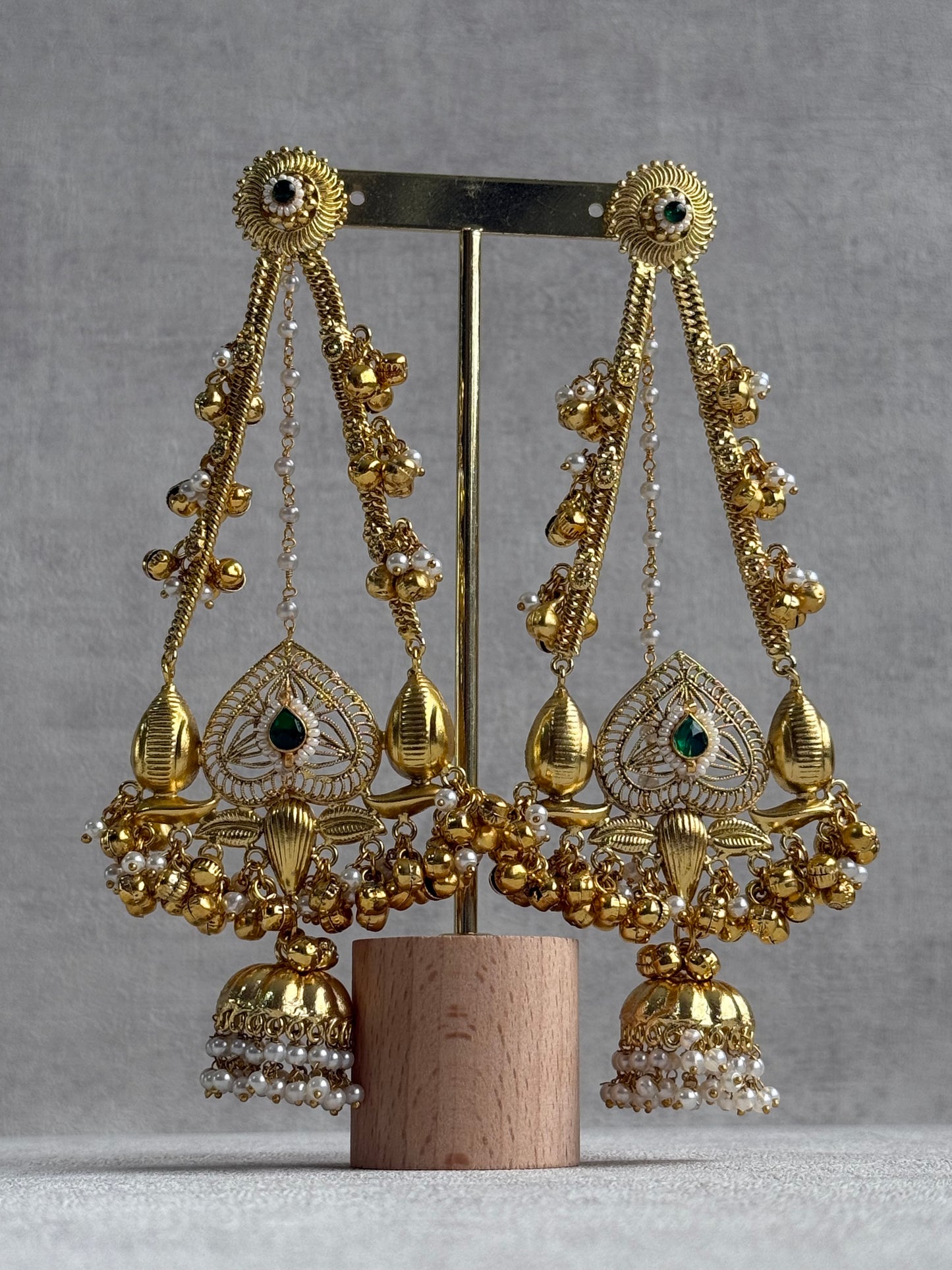 Ayura Designs Teja Earrings – Antique Gold Jhumkis with Emerald Stone & Pearl Detailing