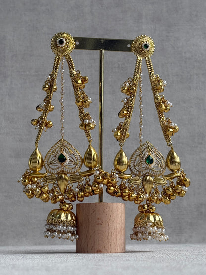 Ayura Designs Teja Earrings – Antique Gold Jhumkis with Emerald Stone & Pearl Detailing