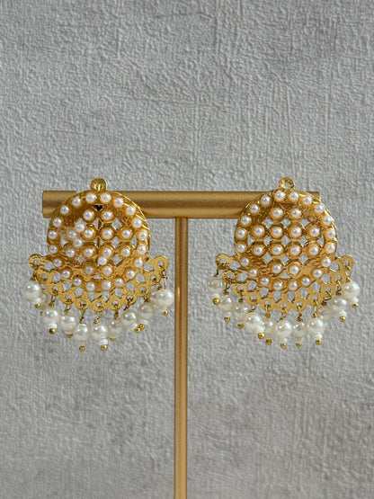 Ayura Designs Riwaaz Earrings – Pearl Stud Earrings with Antique Gold Filigree & Pearl Drops