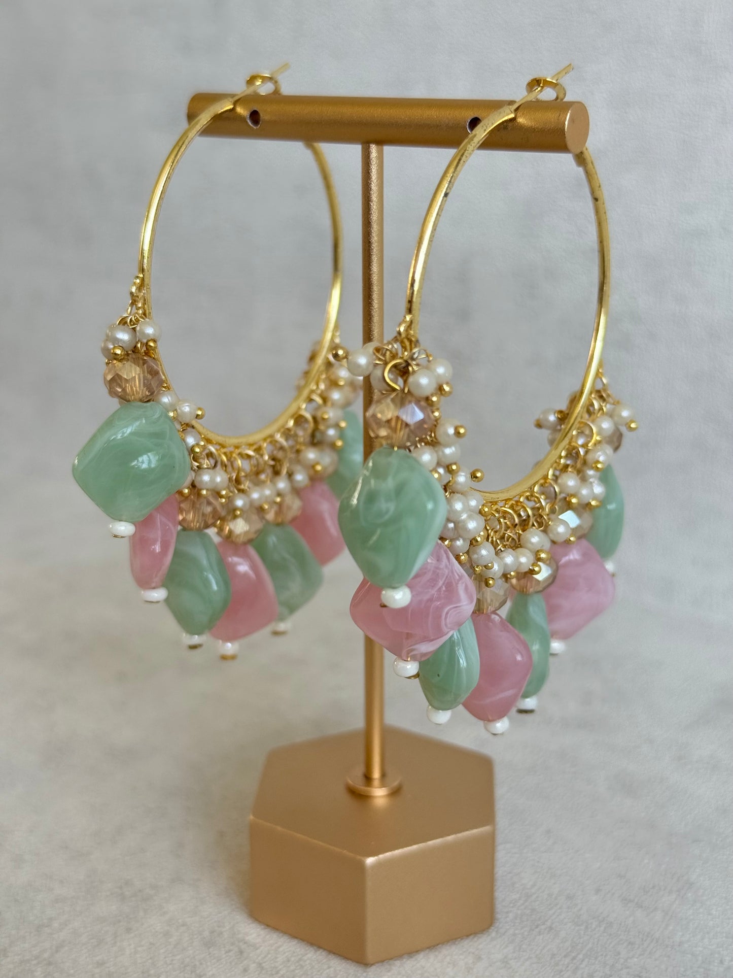 Ayura Designs Heer Balis – Gold Hoops with Mint & Blush Marble Beads, Pearls & Crystal Detailing