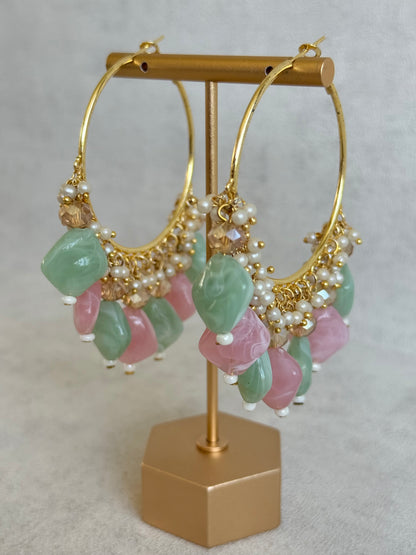 Ayura Designs Heer Balis – Gold Hoops with Mint & Blush Marble Beads, Pearls & Crystal Detailing