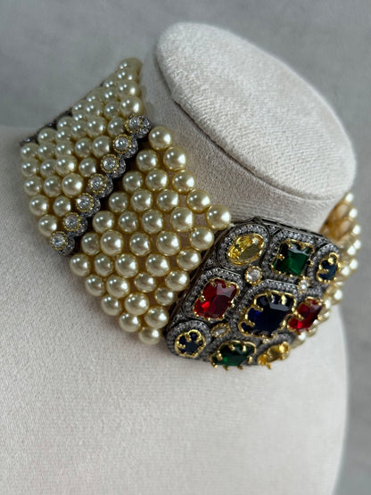 Ayura Designs Amelia Choker Set with Earrings – Moissanite Stonework with Layered Pearls in Antique Silver Finish (Deep Jewel Tones)