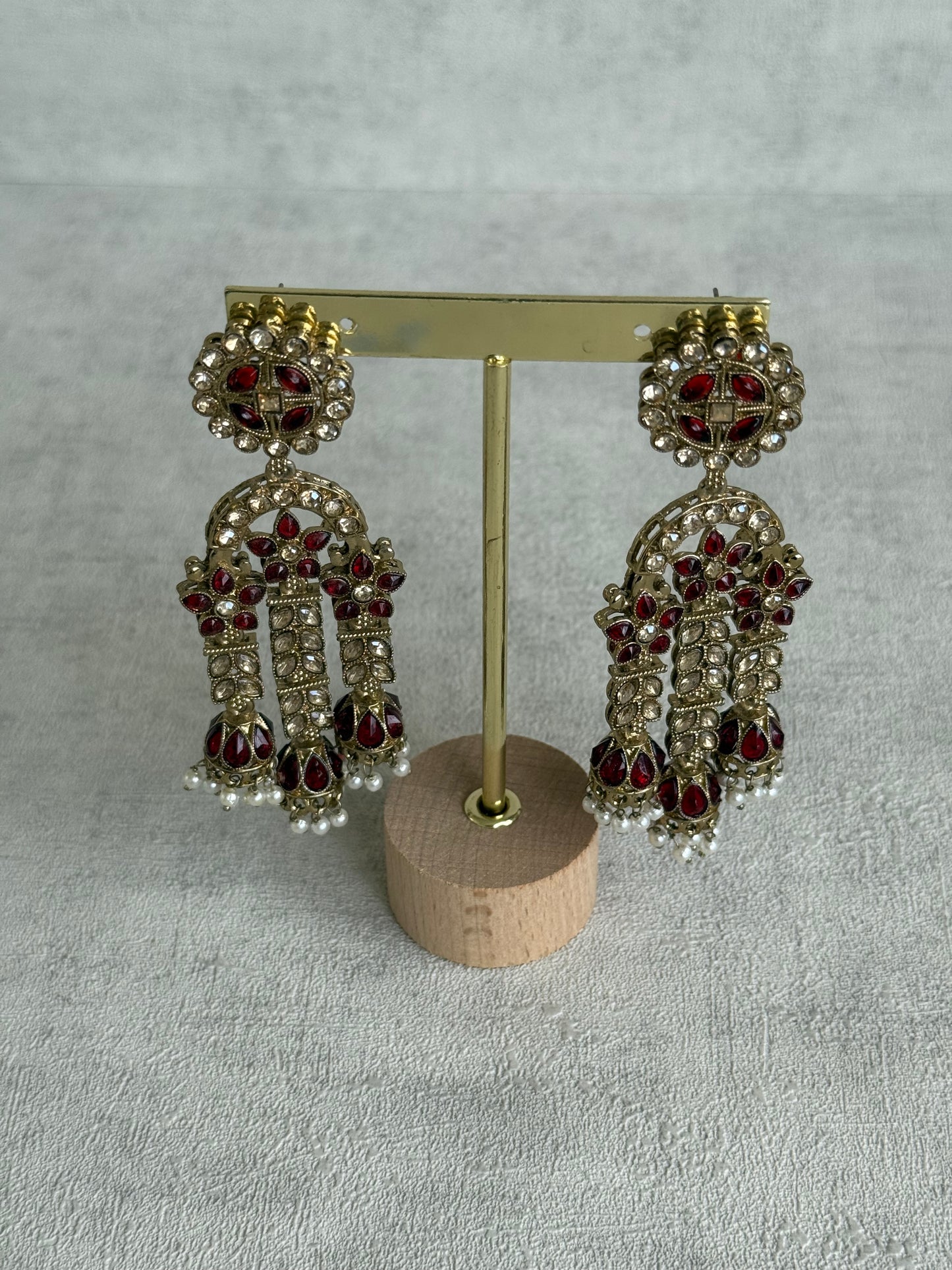 Ayura Designs Soraya Earrings – Ruby Red Stones, Champagne Crystals, Pearl Detailing & Gold Finish