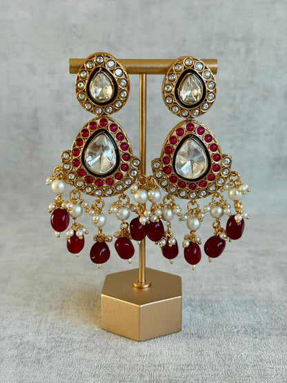 Ayura Designs Ishyat Set with Necklace, Earrings & Tikka – Kundan Detailing, Ruby Red Drops & Ivory Pearls