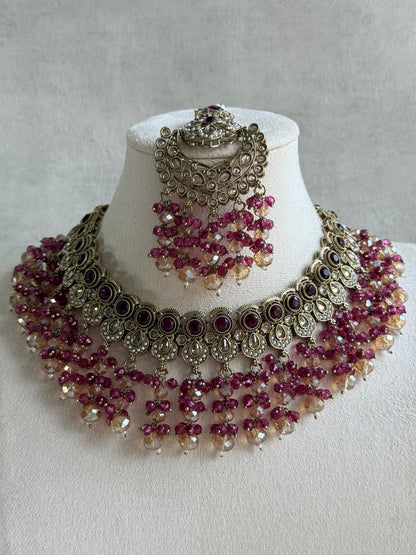 Ayura Designs Dilnaz Necklace Set with Earrings, Tikka & Passa – Berry Pink & Champagne Crystal Beads & Antique Gold Finish