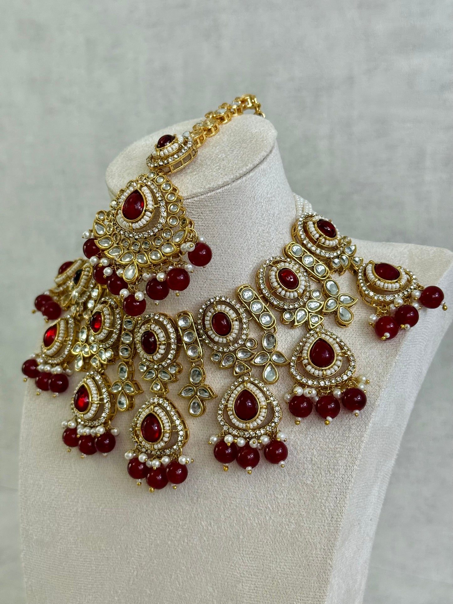 Ayura Designs Janvi Set with Necklace, Earrings & Tikka – Kundan Detailing, Ruby Red Beads & Ivory Pearl Drops