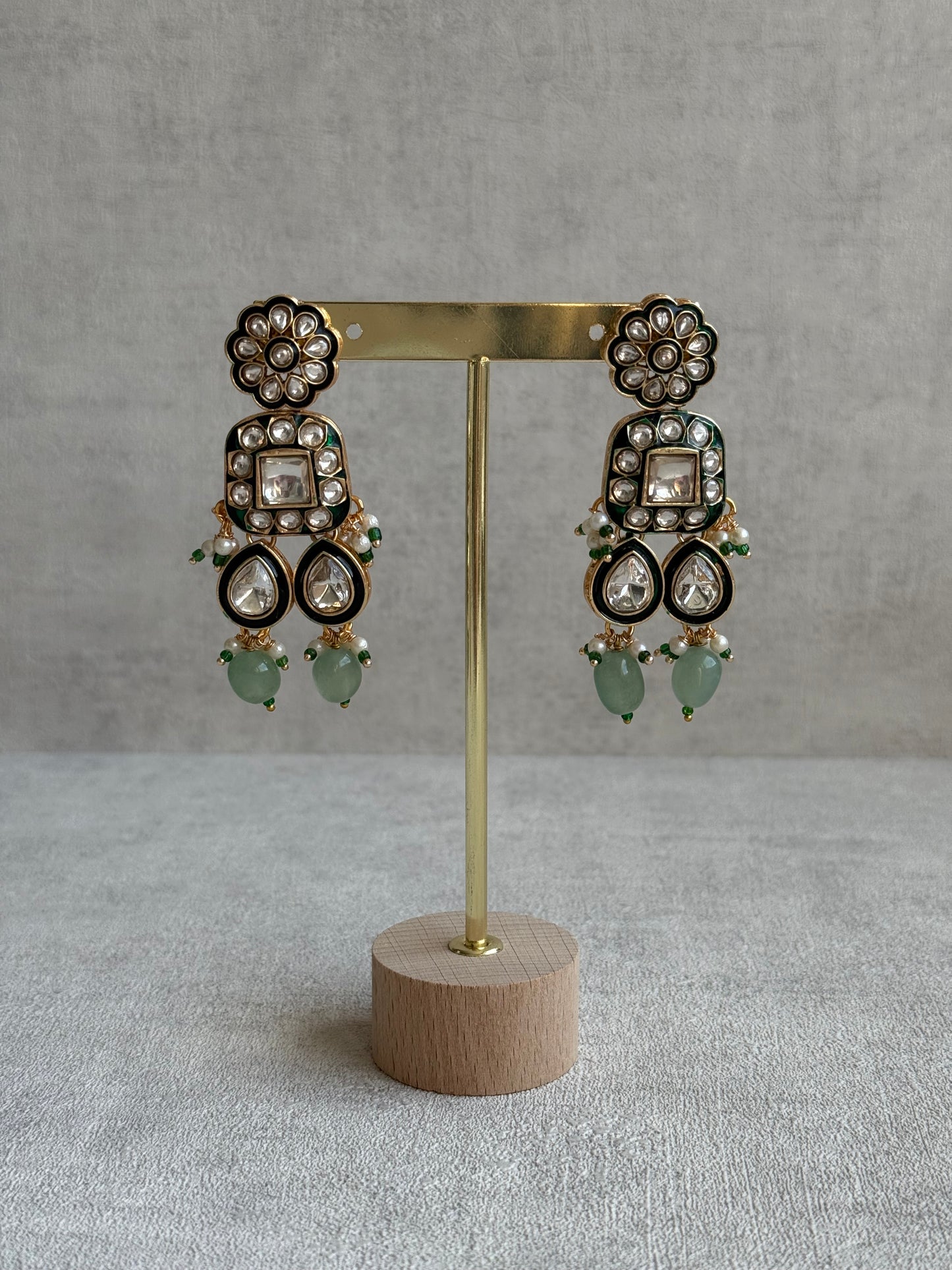 Ayura Designs Salma Set – Necklace, Earrings & Tikka with Mirror-Cut Kundan, Mint Green Beads, Emerald Green Meenakari & Gold Finish