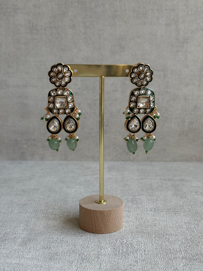 Ayura Designs Salma Set – Necklace, Earrings & Tikka with Mirror-Cut Kundan, Mint Green Beads, Emerald Green Meenakari & Gold Finish