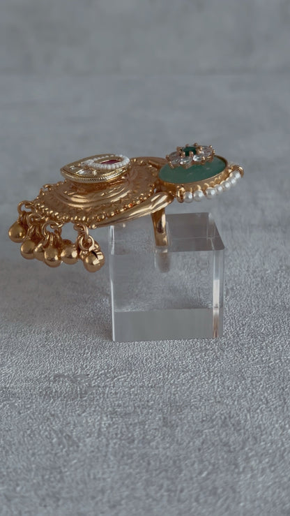 Ayura Designs Sorcha Adjustable Ring – Pistachio Green Enamel, Pearl Detailing, Antique Gold & Mirror-Cut Stones