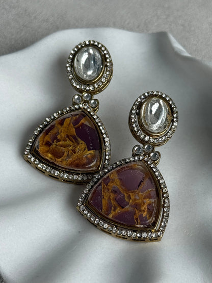Ayura Designs Florence Earrings – mirror cut studs with Berry Pink Marble Resin & Crystal Borders