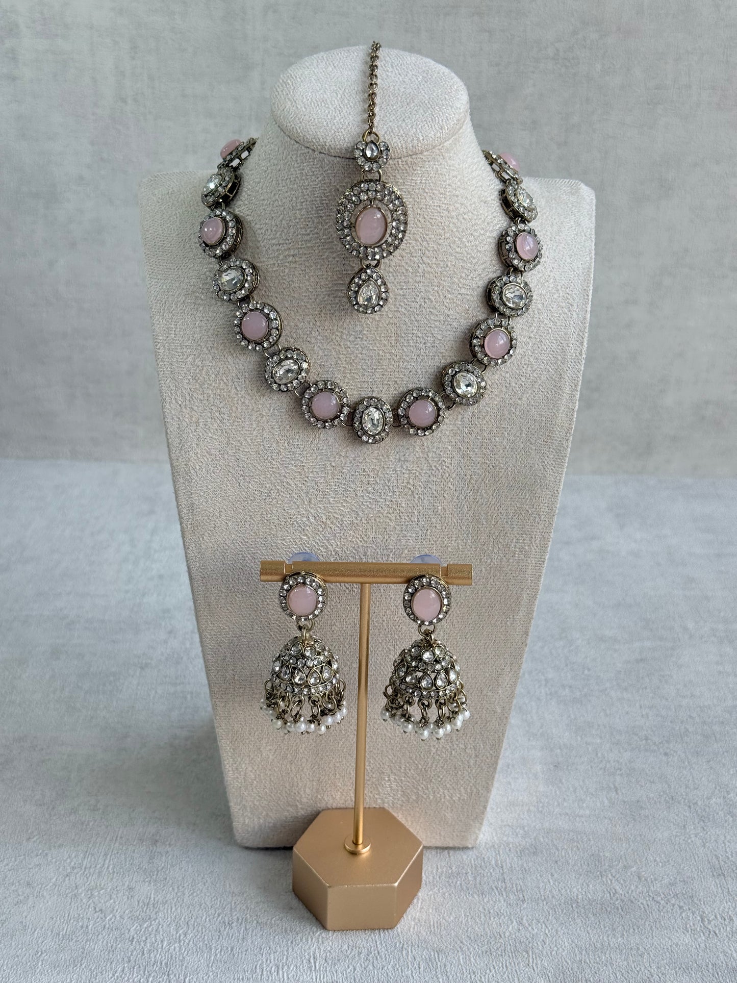 Ayura Designs Eira Necklace Set with Earrings & Tikka – Blush Pink & Crystal Stones with Antique Gold Finish